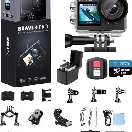 AKASO Brave 4 Pro 4K30 Action Camera with 256GB MicroSD U3 Card 131FT Underwater Waterproof Camera EIS Touch Screen Remote Control with 2x1350mAh Batteries and Helmet Accessories Kit Bundle