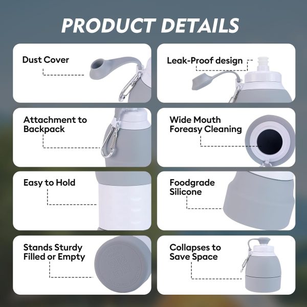 Water Bottle, Upgrade Leakproof Foldable BPA Free Silicone Reusable Sports Bottle, Portable Refillable Bottles with Carabiner, Ideal for Travel Hiking Outdoor Camping Gym - Image 4